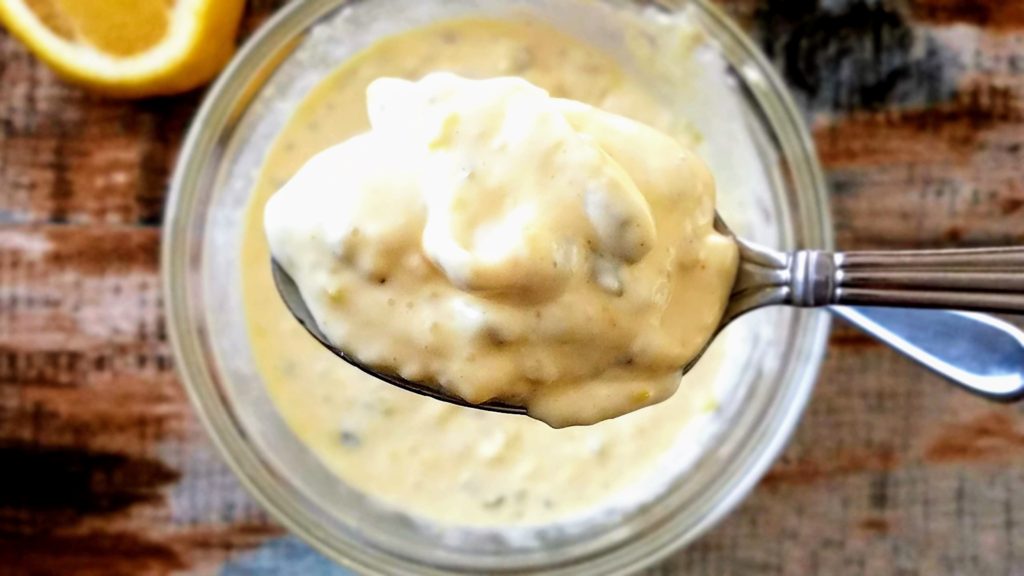Spoon full of tartar sauce with relish