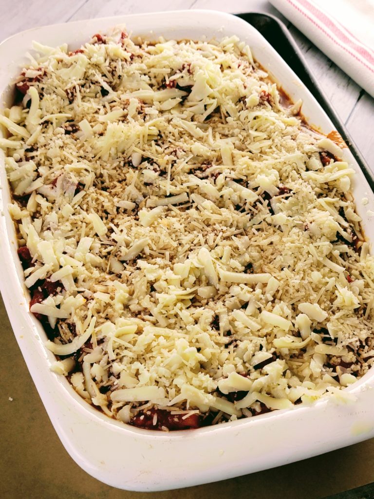Baked Ziti recipe 
casserole ready for the oven